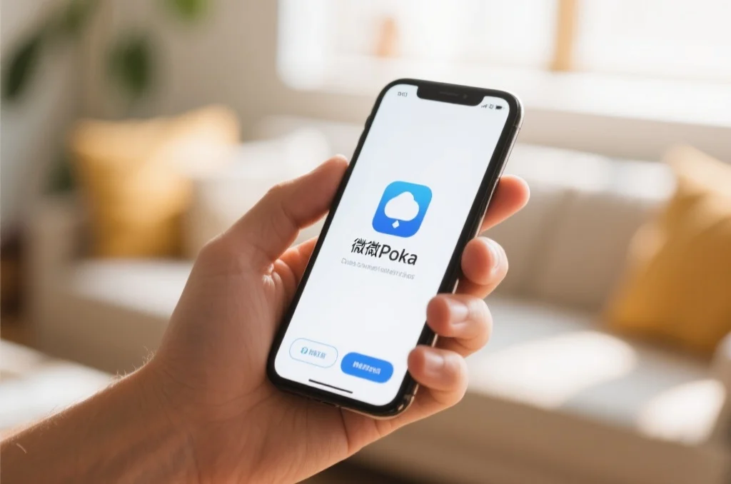 用户手持iPhone,屏幕上正在安装微扑克APP,周围环境温馨、自然光充足